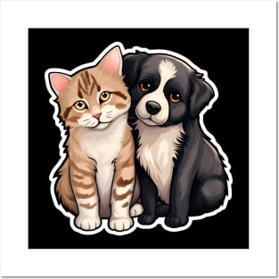 Cute Ginger Tabby Cat and Black and White Puppy Buddies Posters and Art